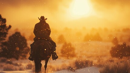 Wall Mural - cowboy on horseback in wild rugged field in winter with snow.