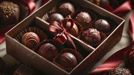 Aufkleber - Detailed close up of an elegant box of chocolate truffles decorated with ribbons, set on a table. Generative AI