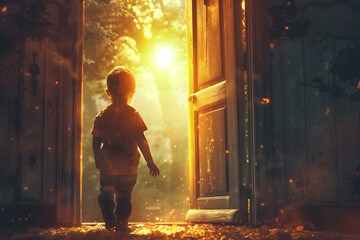 Wall Mural - The child looks out the door into the imaginary fantasy world