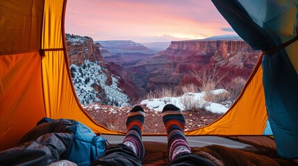 Wall Mural - view from a camping tent the grand canyon with snow.