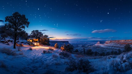 Wall Mural - rv truck in snow field in winter in rugged land.