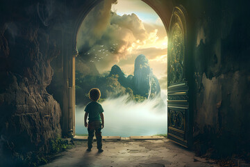 The child looks out the door into the imaginary fantasy world