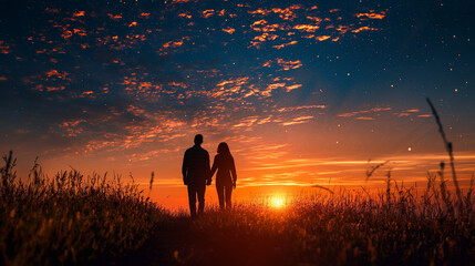 Wall Mural - couple in the field at sunset in the summer 