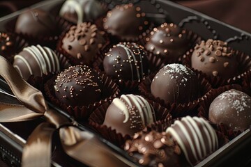 Aufkleber - Elegant box of chocolate truffles with ribbon decoration in rich dark colors. Generative AI