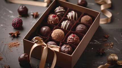 Aufkleber - A luxurious box filled with assorted chocolates, adorned with ribbons, placed on a table. Generative AI