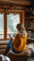 Wall Mural - Young woman in a yellow sweater reading a book by a window in a rustic wooden cabin