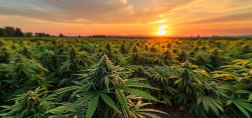 Sunset over a vast cannabis field, bathing the plants in warm, golden light