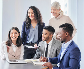 Poster - Happy, business people and laptop for team meeting, communication and collaboration on company schedule. Smile, corporate group and seminar in office with computer and paperwork for planning calendar