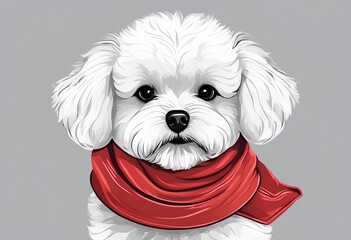 Poster - AI generated illustration of a cute little white bichon with a red scarf