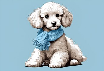 Poster - AI generated illustration of a poodle puppy illustrated in a simple style, with fluffy white fur