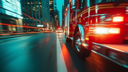 Firetruck rush in night city street road