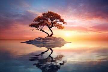 sunset over the sea with a tree in the middle