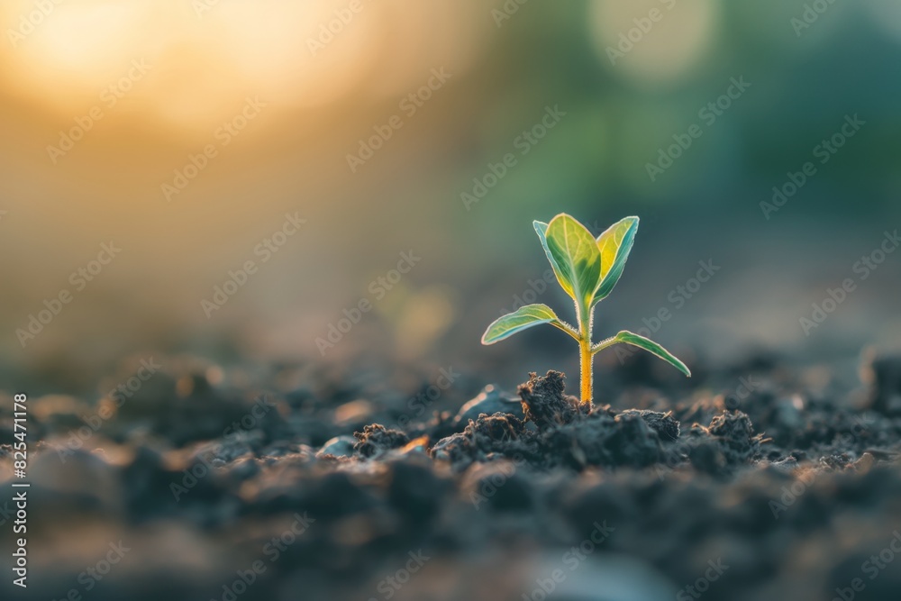 Fresh plant sprout emerges from the fertile soil, bathed in the warm ...