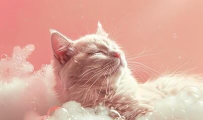 Wall Mural - White cat in water, pink water