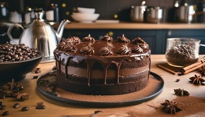 chocolate cake with chocolate frosting on top, kitchen counter scene for bakery and dessert