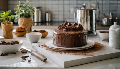 chocolate cake with chocolate frosting on top, kitchen counter scene for bakery and dessert