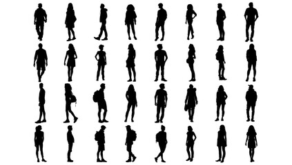 silhouette people set on white background vector illustration. collection group adult figure and bus