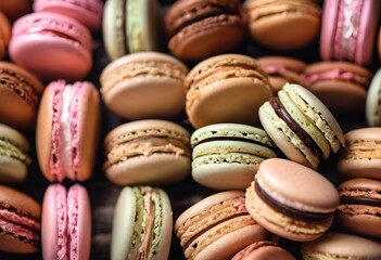 Poster - a pile of different kinds of macaroons that are arranged around