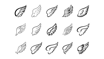 Wings collection black and white vector illustration. Angel tattoo set emblem. Tattoo graphic silhouette decorative icon. Freedom abstract drawing sign animal