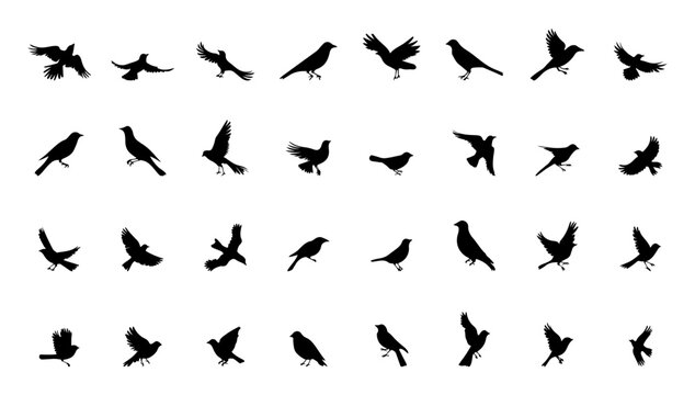 Silhouettes of birds doodle set. Black collection design animal cartoon for nature. Element graphic drawing sketch and isolated white background. Abstract decoration symbol