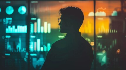Canvas Print - a man is standing in front of a computer monitor with a lot of graphs