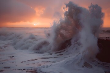 Wall Mural - Sleek Tidal Energy of the Crashing Waves Powering Dreams at Dramatic Ocean Sunset