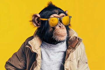 Wall Mural - A monkey wearing sunglasses and a yellow jacket. The monkey is smiling and looking at the camera. The image has a playful and lighthearted mood