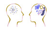 © Mirjam Debets/Stocksy - Heads with thoughts as pattern shapes purple gold on white