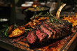 © EugeneART - Juicy steak. Beef Tomahawk steak cooked on the grill lies on a wooden board. Juicy fried meat. Blurred background.
