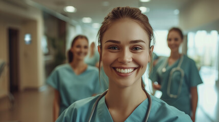 Wall Mural - Portrait of Young Female Nurse Smiling in Hospital Corridor wearing blue scrubs, Medical Team in Background, Healthcare Professional