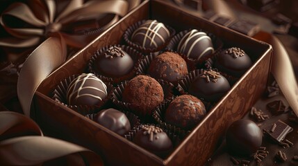 Poster - A high-detail, elegant wooden box filled with luxurious chocolate truffles on a table, decorated with ribbons. Generative AI