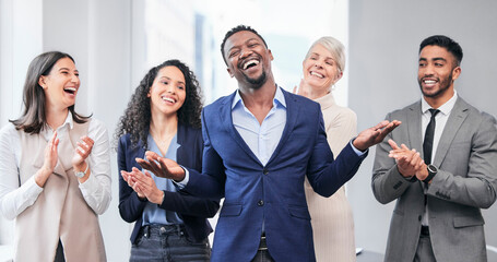 Poster - Business people, smile and clapping in office for promotion of coworker with support in diverse company. Celebrating, team and happy for success with sales record in agency with well done in Germany.
