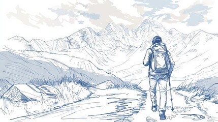 Sticker - Minimalist line sketch of a backpacker walking along a mountain trail.