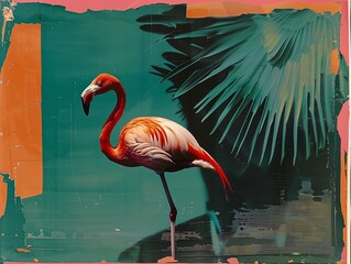 Poster - AI generated illustration of an artistic depiction of a pink flamingo on a painted background