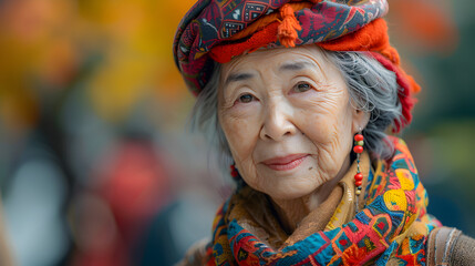 Wall Mural - Close-up Portrait of an Elderly Asian Woman with a Warm Smile and Colorful Headscarf