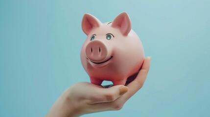 Wall Mural - Cute pink piggy bank in hand over plain background