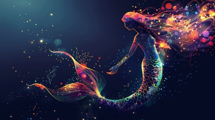 Wall Mural - Beautiful glowing mermaid swimming underwater in deep sea.