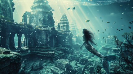 Wall Mural - Beautiful mermaid swimming underwater in deep sea with ancient city ruin lost civilization.