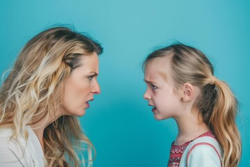 upset mother and daughter arguing loudly closeup profile view isolated on bright blue background