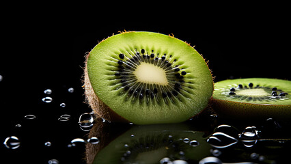 Canvas Print - kiwi, fresh, slice, water droplets, black background, fruit, close-up, juicy, green, tropical, healthy, natural, vibrant, wet, macro, food, organic, detail, refreshing, ripe, texture, glossy, exotic,
