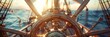 © rabbit75_fot - Deck view with ship wheel from a sailing ship with beautiful seascape at sunset.