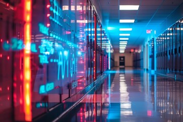 A closeup of an empty school hallway during a student holiday, with lockers lined up and a hightech HUD hologram showing the holiday schedule and upcoming school events