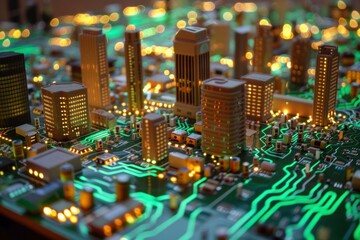 Poster - Closeup of a miniature cityscape integrated with a green circuit board glowing in the dark
