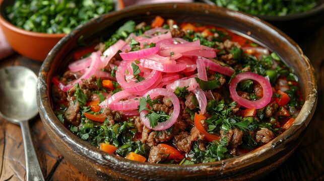 An image of tacos on a Mexican plate with meat and pink pickled onions from the top