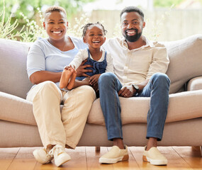 Wall Mural - Smile, home and portrait of black family on sofa for care, bonding and support in child development. Man, woman and relax with kid in living room for happiness, love or connection together on weekend