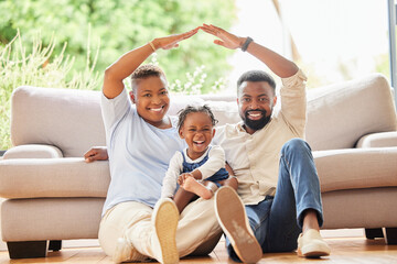 Canvas Print - Family, child and home with roof hands, bonding and love for safety and security for house insurance or protection. Living room, happy portrait and relationship for childhood, together and investment