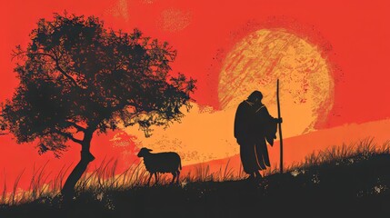Wall Mural - Silhouette of the parable of the good shepherd