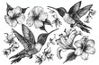 © Lucija - vintage style hummingbirds and exotic flowers on white background elegant tattoo design illustration