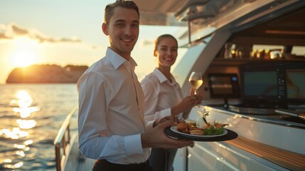 Wall Mural - Friendly service personnel on deck of a luxury yacht in sea.