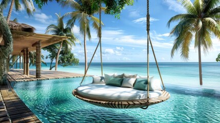 Wall Mural - beach construction. amazing architecture of beautiful swing sofa on blue coastline